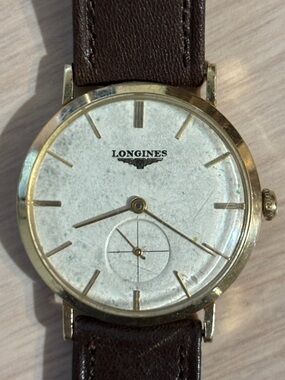 Longines Gold and White Dial Watch with Brown Strap